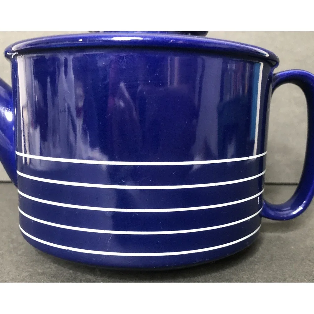 Sam Lebowitz Design COPCO Cobalt Blue Teapot with Lid 1982 Korea Striped Ceramic